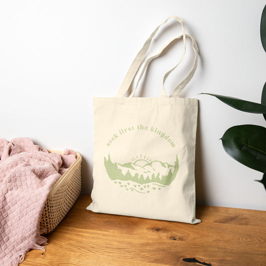 Seek the Kingdom Tote Bag, Lifestyle Natural Front