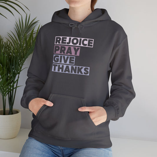 Rejoice Pray Thanks Hoodie, Lifestyle Charcoal Front