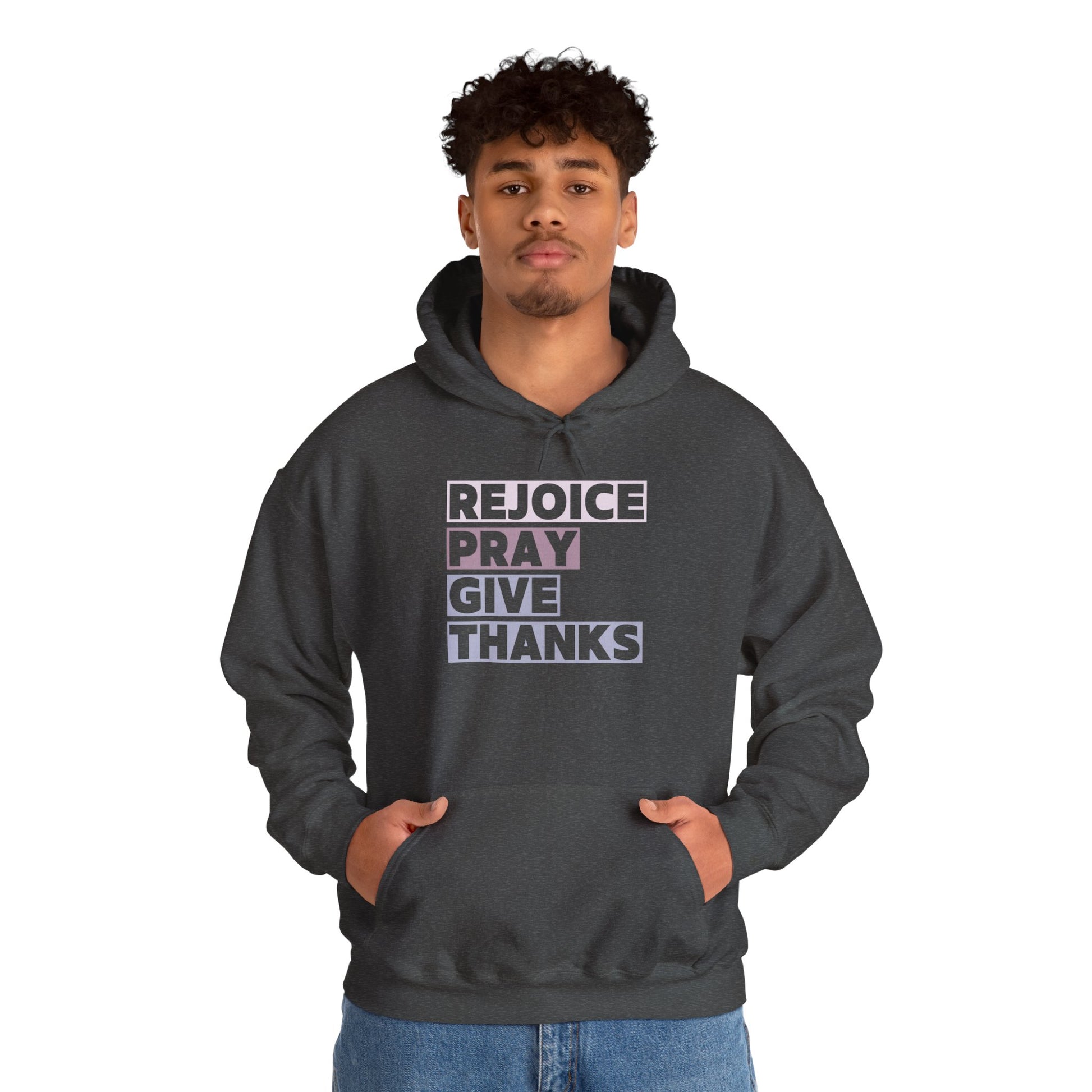 Rejoice Pray Thanks Hoodie, Context Dark Heather Front