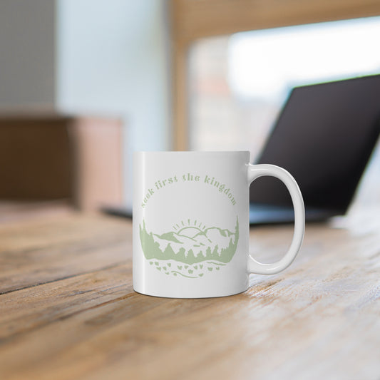Seek the Kingdom Christian Mug, Lifestyle Front