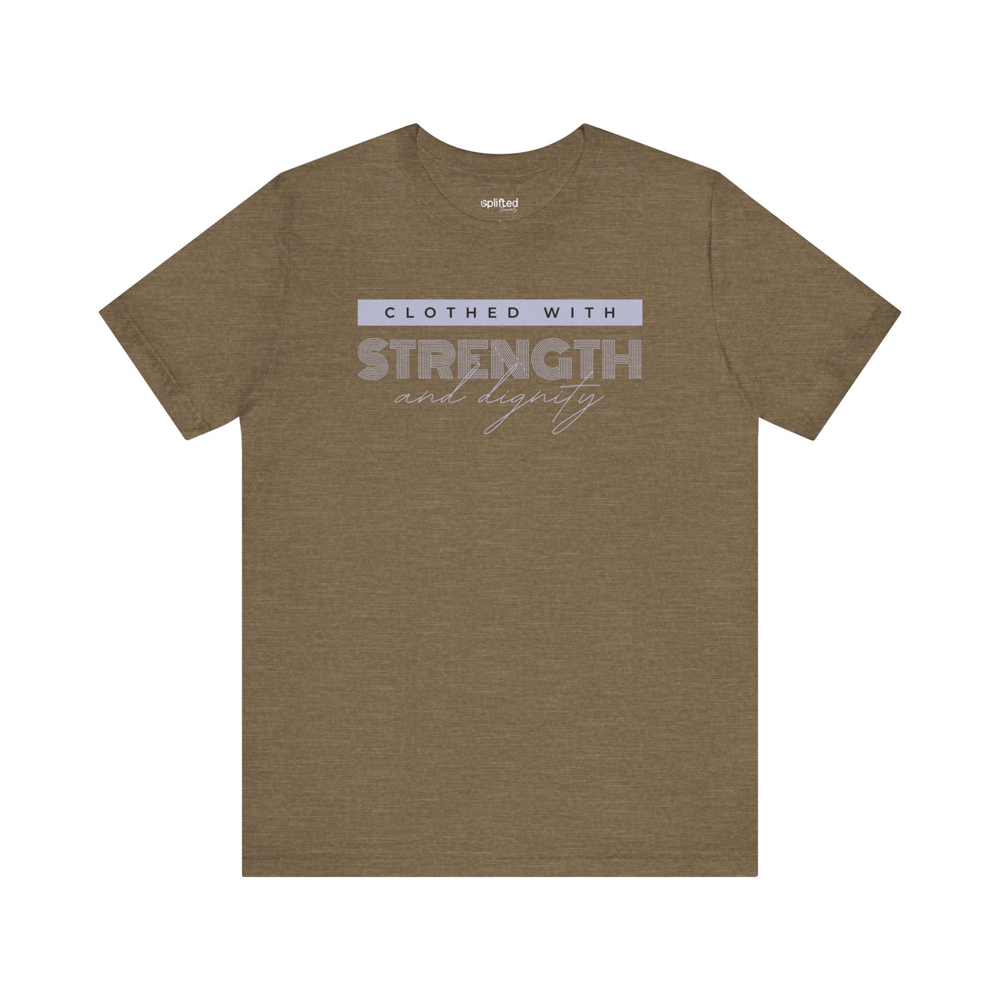 Strength and Dignity Christian T-Shirt, Heather Olive Front