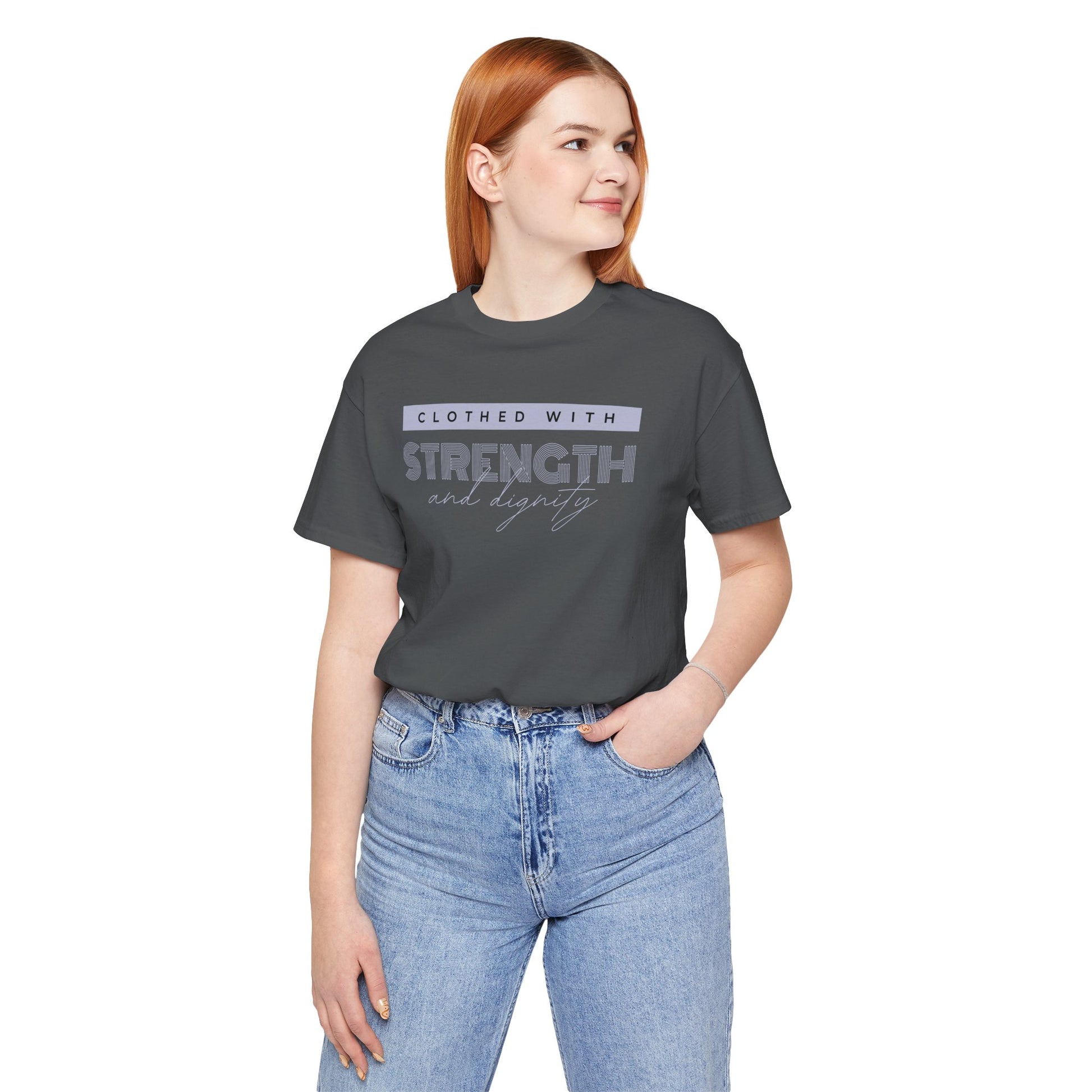 Strength and Dignity Christian T-Shirt, Lifestyle Asphalt Front