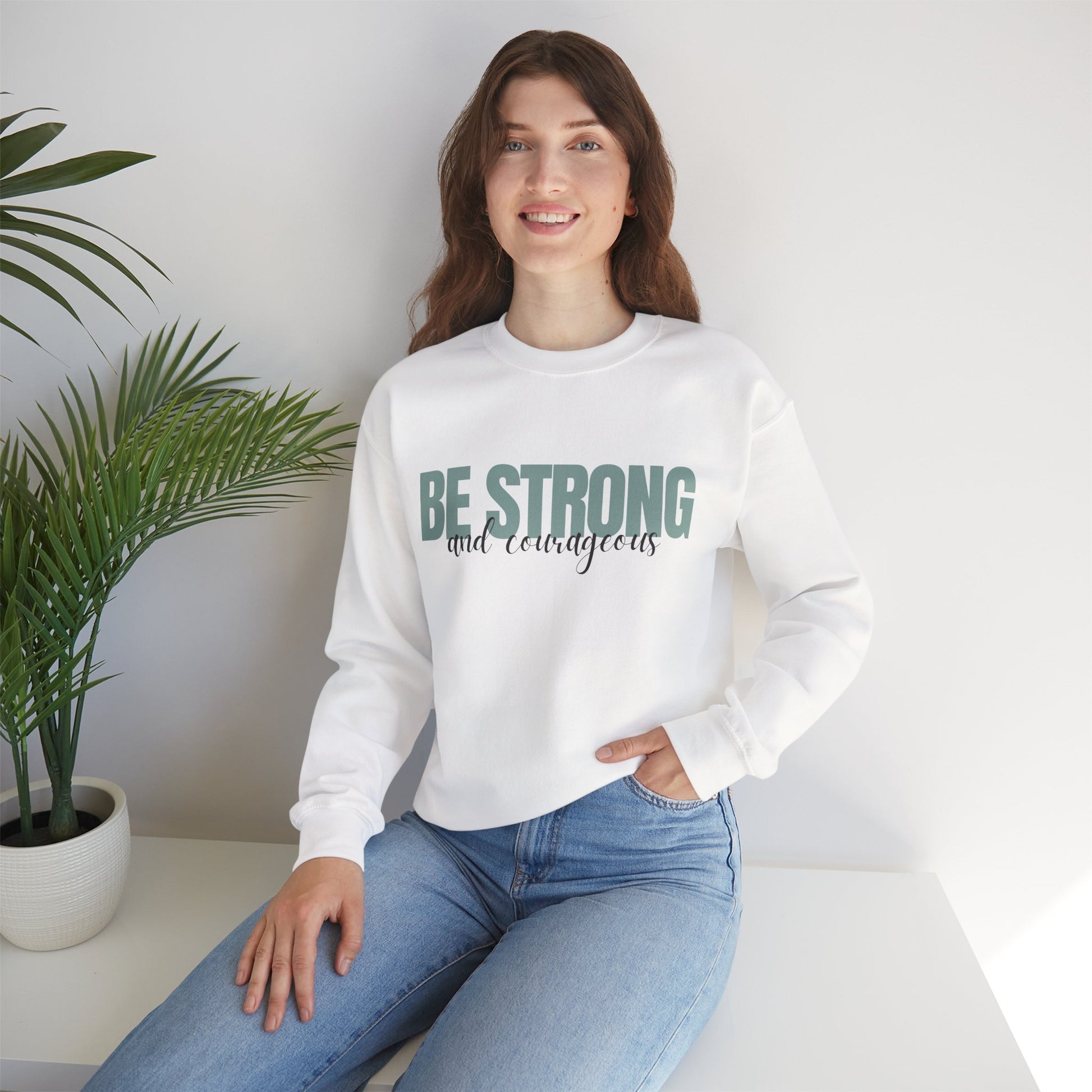 Strong and Courageous Crewneck, Lifestyle White Front