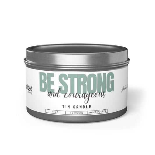 Strong and Courageous Tin Candle, Silver Front