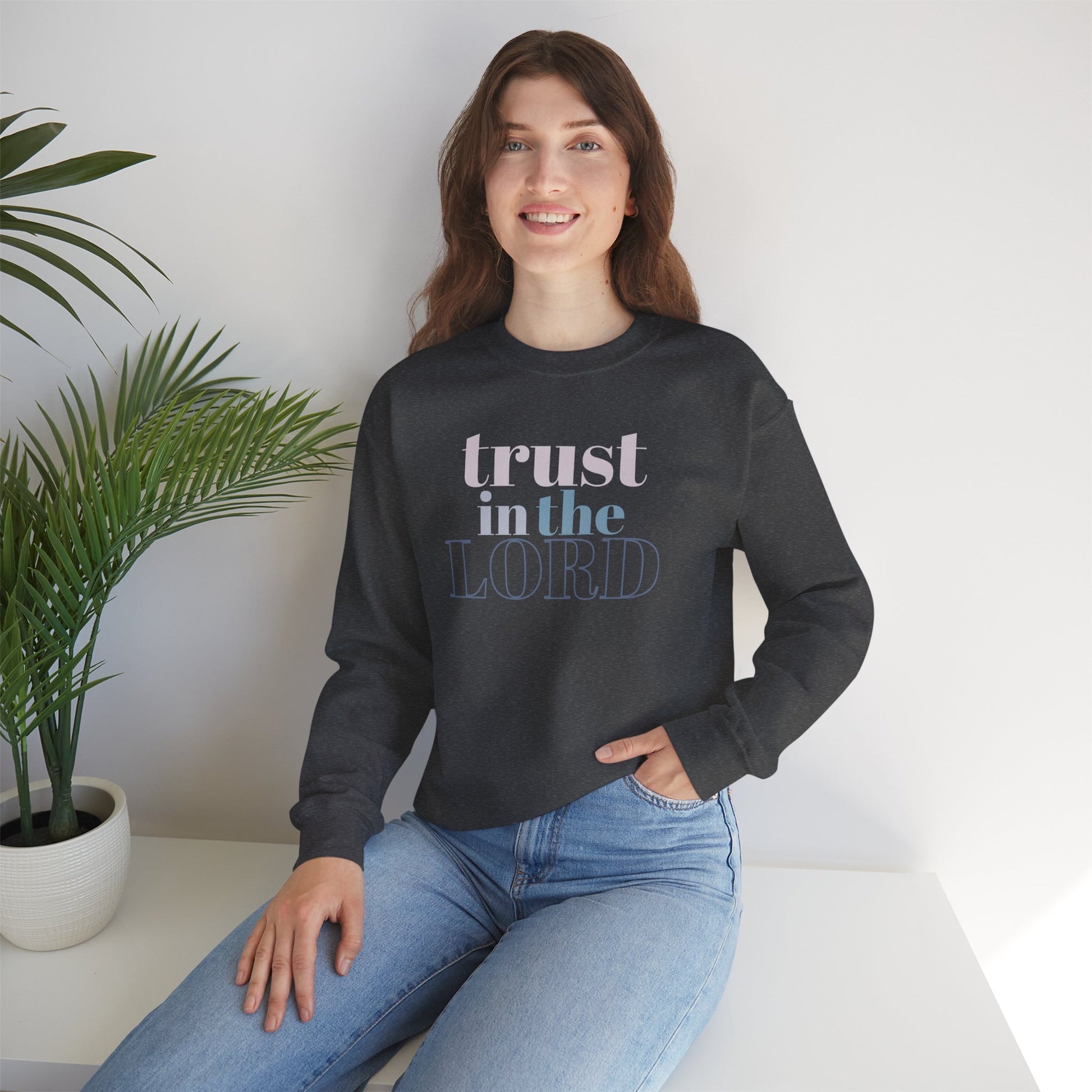Trust the Lord Crewneck, Lifestyle Dark Heather Front